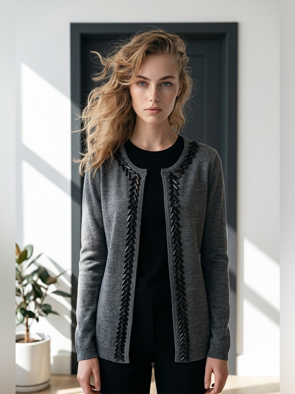 Adrienne Vittadini Carbon Heather Open Front Sweater Luxury Mercerized Wool Sz S - Picture 2 of 16